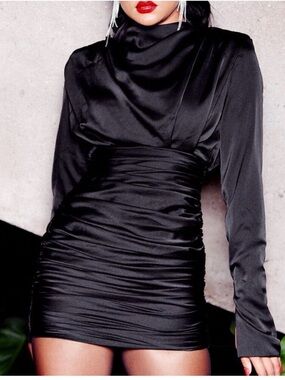 House of CB Black Satin Ruched Mini Dress